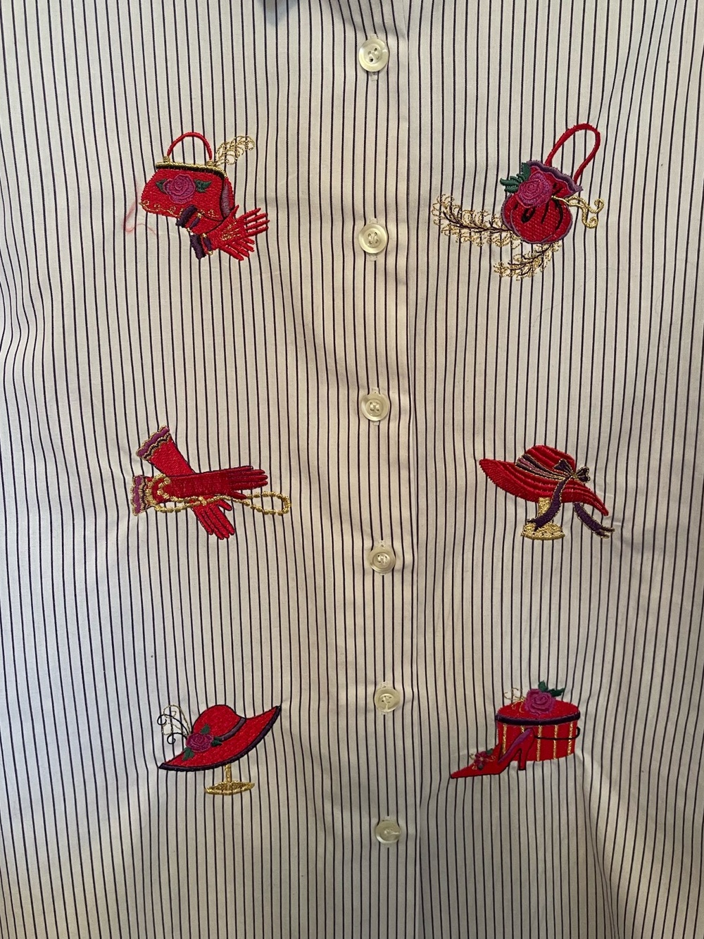 Bon Worth Red Hat Society Embroidered Pinstripe Blouse - Petite Medium - Picture 2 of 5